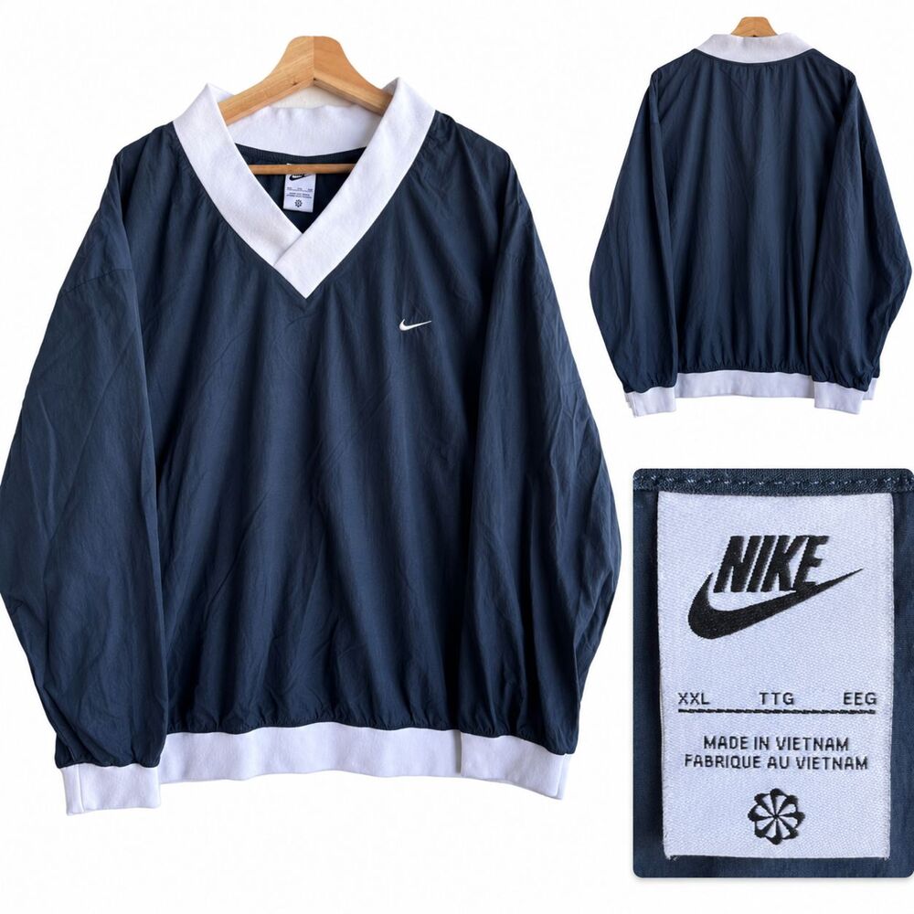 VTG Nike Pullover Jacket Men’s Size 2XL Navy Blue V-Neck Windbreaker Swoosh 90s